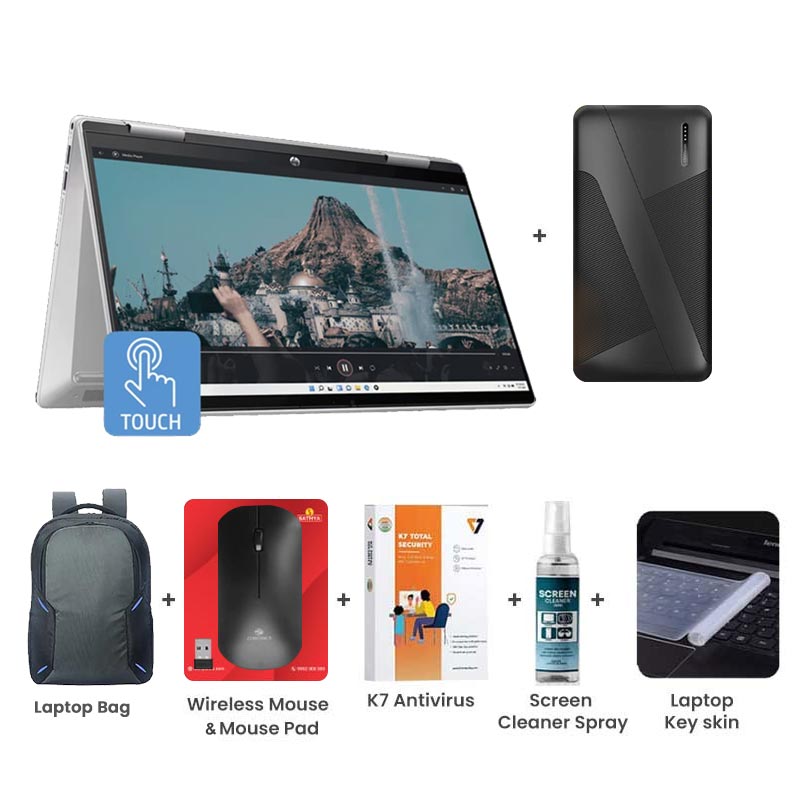 Picture of HP Pavilion - Intel Core 3 100U 14" (35.6 cm) 14-ek2033TU 2-in-1 Laptop (8GB/ 512GB SSD/ Full HD IPS Display/ Touchscreen/ Windows 11 Home/ Intel Graphics/ Natural Silver/ 1 Year Warranty/ 1.51 Kg) 10000mAh PowerBank + Laptop Bag + Wireless Mouse & Mouse Pad + K7 Antivirus Single User + Screen Cleaner Spray + Laptop Key Skin