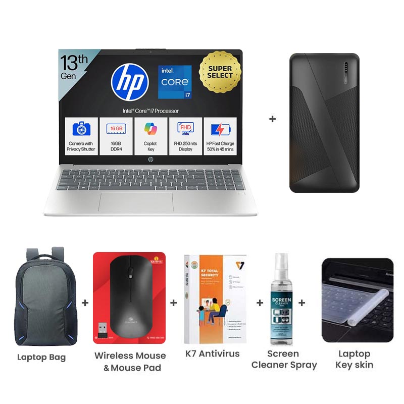 Picture of HP - 13th Gen Intel Core i7-13620H 15.6" (39.6 cm) 15-fr0046TU Thin & Light Laptop (16GB/ 512GB SSD/ Full HD Display/ Intel UHD Graphics/ Anti-Glare/ Camera Privacy Shutter/ Backlit Keyboard/ Mic Mute key/ Windows 11 Home/ MS Office/ 1Year Warranty/ Natural Silver/ 1.65 kg) with Laptop Bag + 10000mAh Power Bank + Wireless Mouse + Mouse Pad + K7 Antivirus + Screen Cleaner Spray + Laptop Key Skin
