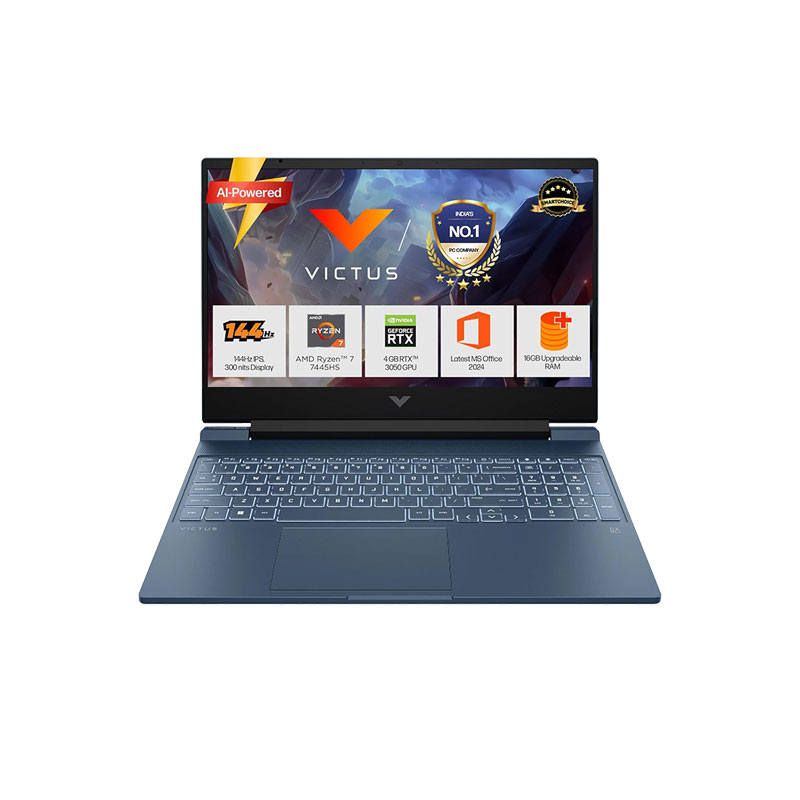Picture of HP Victus - AMD Ryzen 7-7445HS 15.6" (39.6 cm) 15-fb3120AX Gaming Laptop (16GB DDR5-5600/ 512GB SSD/ Full HD Display/ 144 Hz/ NVIDIA GeForce RTX 3050 6GB GDDR6 / Micro-edge/ Backlit Keyboard/ Windows 11 Home/ MS Office 2024/ 1Year Warranty/ Performance blue/ 2.29 kg) 