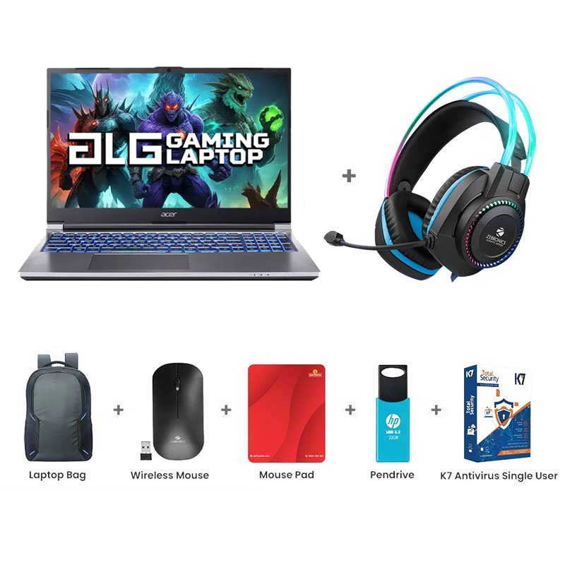 Picture of Acer ALG Gaming - Intel Core i7-13620H 15.6" (39.6cm) AL15G-53 Gaming Laptop (16GB/ 512GB SSD/ Full HD Display/ NVIDIA GeForce RTX 3050  6GB DDR6 /144 Hz/  Windows 11 Home/  1 Year Warranty/  Steel Gray/ 1.99 Kg) Zebronics Zeb-Jet Premium Gaming Headphone + Laptop Bag + Wireless Mouse + Mouse Pad + Pendrive + K7 Antivirus Single User