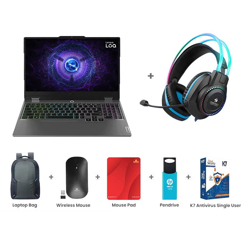 Picture of Lenovo LOQ - Intel Core i5-13450HX 15.6" (39.6cm) 83DV01AAIN Gaming Laptop (16GB/ 512GB SSD/  Full HD Display/ Anti-Glare/ E-shutter/ NVIDIA GeForce RTX 4050 6GB GDDR6/ Windows 11 Home/ Office Home 2024/ 1 Year Warranty/Luna Grey/ 2.38Kg) Zebronics Zeb-Jet Premium Gaming Headphone + Laptop Bag + Wireless Mouse + Mouse Pad + Pendrive + K7 Antivirus Single User