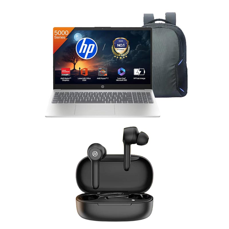 Picture of HP 15s - AMD Ryzen 7-5825U 15.6" (39.6 Cm) 15s-FC0476au Thin and Light Laptop (16GB/ 512GB SSD/ Full HD Display/ Windows 11 Home/ MS Office/ 1Year Warranty/ Natural Silver/1.59Kg) with Laptop Bag + Noise Buds VS201 V3 in-Ear Truly Wireless Earbuds