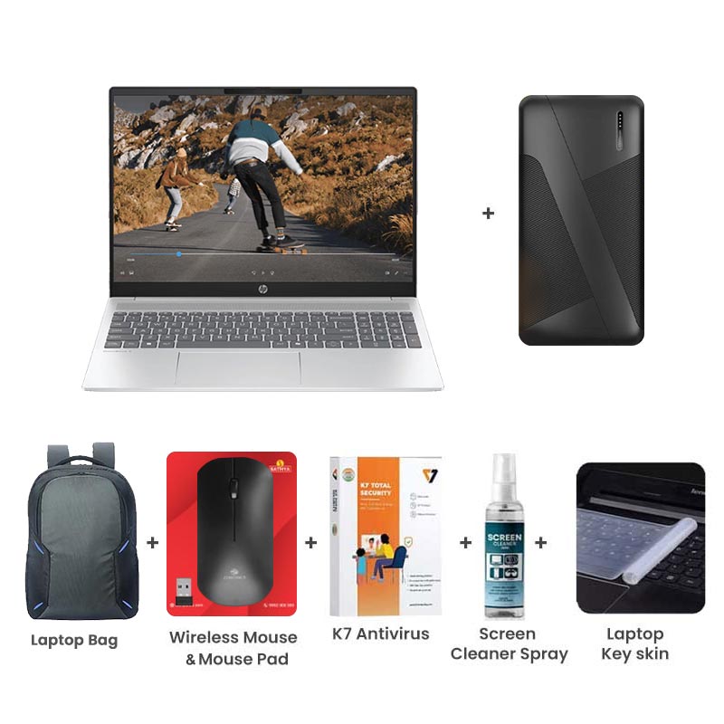 Picture of HP OmniBook 5 - 13th Gen Intel Core i5-1334U 16" (40.5 cm) 16-ba1008TU Thin & Light Laptop (16GB/ 512GB SSD/  Windows 11 Home/ MS Office/ Intel Iris Xᵉ Graphics/ Backlit Keyboard/ Camera Privacy Shutter/ MS Office 2024/ 1 Year Warranty/ Glacier Silver/ 1.77 kg) 10000mAh PowerBank + Laptop Bag + Wireless Mouse & Mouse Pad + K7 Antivirus Single User + Screen Cleaner Spray + Laptop Key Skin