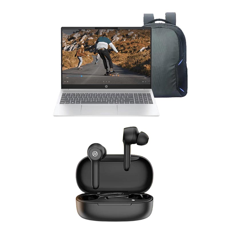 Picture of HP OmniBook 5 - 13th Gen Intel Core i5-1334U 16" (40.5 cm) 16-ba1008TU Thin & Light Laptop (16GB/ 512GB SSD/  Windows 11 Home/ MS Office/ Intel Iris Xᵉ Graphics/ Backlit Keyboard/ Camera Privacy Shutter/ MS Office 2024/ 1 Year Warranty/ Glacier Silver/ 1.77 kg)  with Laptop Bag + Noise Buds VS201 V3 in-Ear Truly Wireless Earbuds