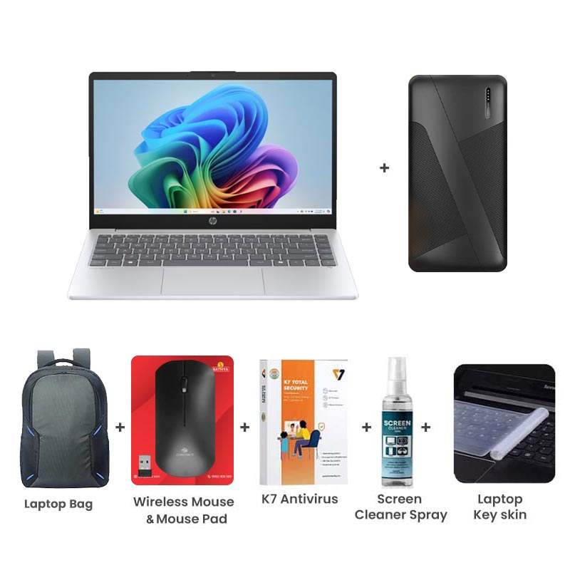 Picture of HP OmniBook 3 NGAI - AMD Ryzen AI 5 15.6" (39.6cm) Thin & Light Laptop (16GB DDR5/ 512GB SSD/ Full HD Display/ AMD Radeon 840M Graphics/ Finger Print/ Backlit Keyboard/Mic mute key/ Camera Privacy Shutter/ Windows 11 Home/ MS Office 2024/ 1Year Warranty/ Glacier silver/ 1.7 kg) PowerBank + Laptop Bag + Wireless Mouse & Mouse Pad + K7 Antivirus Single User + Screen Cleaner Spray + Laptop Key Skin