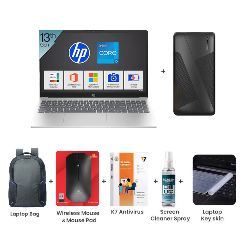 Picture of HP 15 - 13th Gen Intel Core i5-1334U 15.6" (39.6 cm) 15-HR0008TU Thin & Light Laptop (16GB/ 512GB SSD/ Full HD Display/ Intel Iris Xᵉ Graphics/ Fingerprint Reader/Full-size Backlit/ Windows 11 Home/ MS Office/ 1 Year Warranty/ Natural Silver/ 2.4 kg) with 10000mAh PowerBank + Laptop Bag + Wireless Mouse & Mouse Pad + K7 Antivirus Single User + Screen Cleaner Spray + Laptop Key Skin