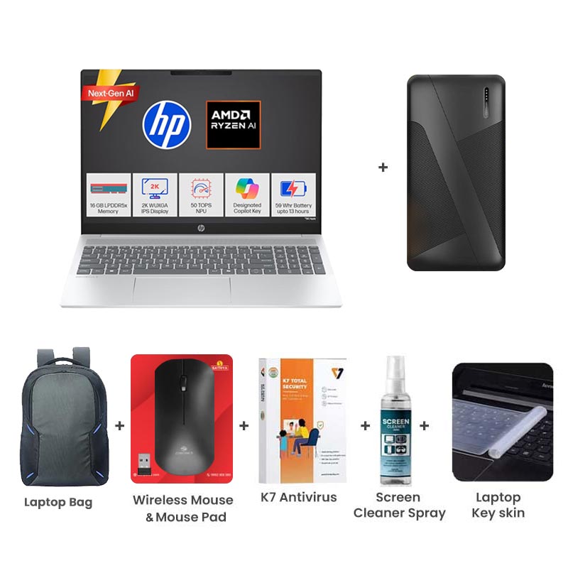 Picture of HP OmniBook 5 - AMD Ryzen AI 5 340 16" (40.6 cm) 16-ag1037AU Thin & Light Laptop (16GB/ 512GB SSD/ AMD Radeon 840M/ Backlit Keyboard/ Camera Privacy/ Windows 11 Home/ MS Office 2024/ 1Year Warranty/ Silver/ 1.79 kg) with 10000mAh PowerBank + Laptop Bag + Wireless Mouse & Mouse Pad + K7 Antivirus Single User + Screen Cleaner Spray + Laptop Key Skin