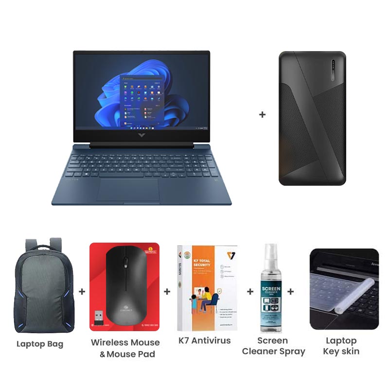 Picture of HP Victus - AMD Ryzen 7-7445HS 15.6" (39.6 cm) 15-FB3189AX Gaming Laptop (16GB/ 512 GB SSD/ Full HD Display/ NVIDIA GeForce RTX 2050 6GB/ Windows 11 Home/ MS Office/ 1 Year Warranty/ Performance Blue/ 2.29 kg) with 10000mAh PowerBank + Laptop Bag + Wireless Mouse & Mouse Pad + K7 Antivirus Single User + Screen Cleaner Spray + Laptop Key Skin