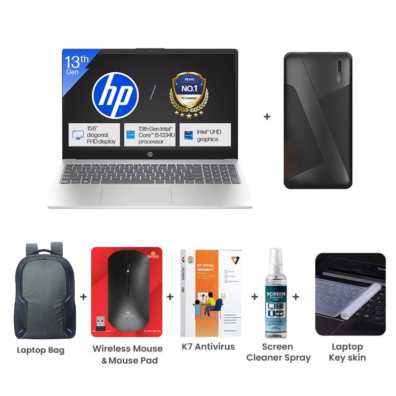 Picture of HP - 13th Gen Intel Core i5-1334U 15.6" (39.6cm) Thin & Light Laptop (8GB/ 1TB SSD/ Full HD Display/ Intel Graphics/ Windows 11 Home/ Backlit Keyboard/ Camera Privacy Shutter/ Mic mute key/ 3-cell, 41Wh Li-ion polymer/ M365 Basic(1yr) Office Home 2024 / 1Year Warranty/ Natural Silver/ 1.59 Kg) PowerBank + Laptop Bag +Mouse & Mouse Pad + K7 Antivirus + Cleaner Spray + Key Skin