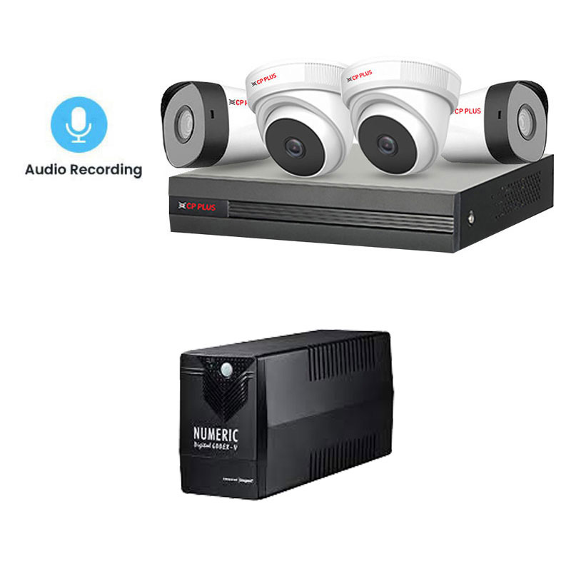 Picture of CP PLUS 4 CCTV Cameras Combo (2 Indoor & 2 Outdoor CCTV Cameras with mic) + DVR + HDD + Accessories + Power Supply +  90m Cable + NUMERIC UPS