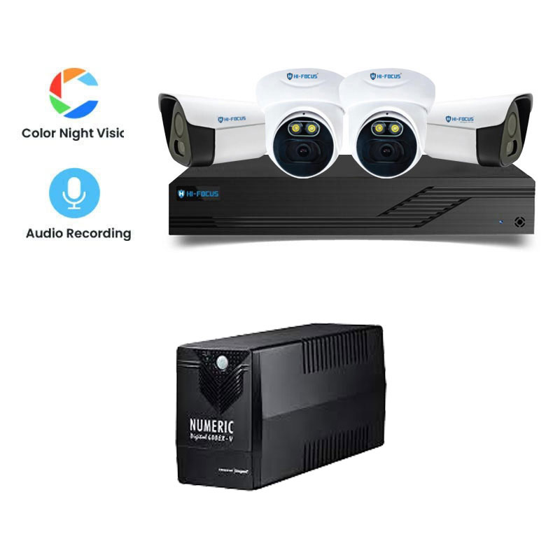 Picture of Hi-Focus 4 CCTV Cameras Combo (2 Indoor & 2 Outdoor CCTV Cameras) (Colour View With Mic) 👨🏻‍🔧With CCTV Installation + 4CH DVR + HDD + Accessories + Power Supply + 90m Cable + NUMERIC UPS