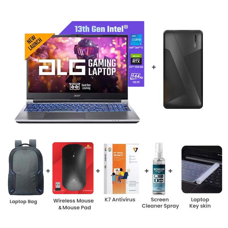 Picture of Acer ALG - 13th Gen Intel Core i5-13420H 15.6" (39.6 cm) AL15G-53 Gaming Laptop (16GB/ 512GB SSD/ Full HD Display/ Windows 11 Home/ MS Office/ NVIDIA GeForce RTX 3050 6GB DDR6/ Backlit Keyboard/ 144Hz/ 1Year Warranty/ Steel Gray/ 1.99kg) with 10000mAh PowerBank + Laptop Bag + Wireless Mouse & Mouse Pad + K7 Antivirus Single User + Screen Cleaner Spray + Laptop Key Skin
