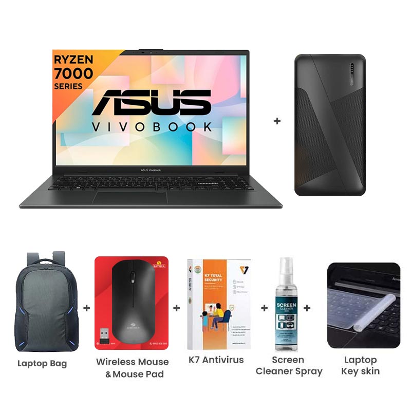 Picture of Asus Vivobook Go 15 - AMD Ryzen 3 7320U 15.6" (39.62cm) E1504FA-NJ130WS Thin & Light Laptop (8GB/ 512GB SSD/ Windows 11 Home/ AMD Radeon Graphics/ Windows 11 Home/ MS Office/ 1 Year Warranty/ Mixed Black/ 1.63 Kg) 10000mAh PowerBank + Laptop Bag + Wireless Mouse & Mouse Pad + K7 Antivirus Single User + Screen Cleaner Spray + Laptop Key Skin
