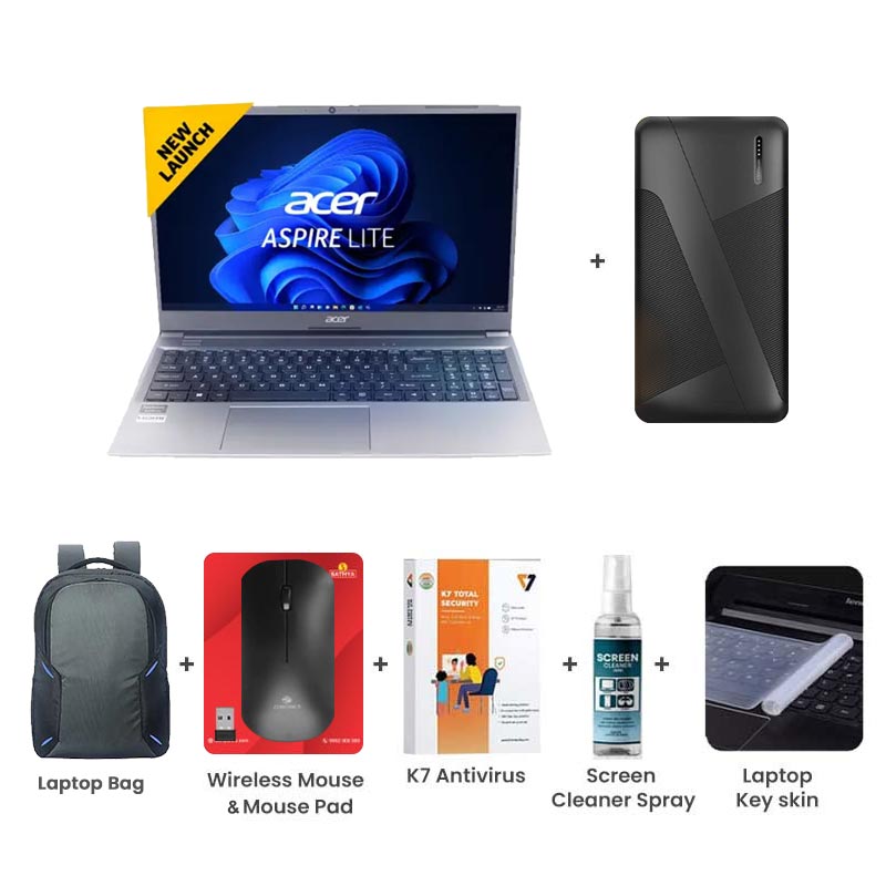 Picture of Acer Aspire Lite - AMD Ryzen 5 7430U 15.6" (39.6 cm) AL15-41 Thin & Light Laptop (16GB/ 512 GB SSD/ Full HD Display/ Windows 11 Home/ AMD Radeon Graphics/ Noice cancellation dual Microphone/MS Office/ Steel Gray/ 1.59 kg) with 10000mAh PowerBank + Laptop Bag + Wireless Mouse & Mouse Pad + K7 Antivirus Single User + Screen Cleaner Spray + Laptop Key Skin