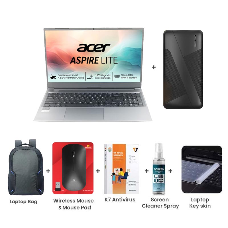 Picture of Acer Aspire Lite -  AMD Ryzen 7 15.6" (39.62 cm)  AL15-41 Thin & Light Laptop (16GB/ 512GB SSD/ Full HD Display /Integrated AMD Radeon Graphics/ Windows 11 Home / 1Year Warranty/ Steel Gray/ 1.6 Kg)10000mAh Power Bank + Laptop Bag + Wireless Mouse & Mouse Pad + K7 Antivirus Single User + Screen Cleaner Spray + Laptop Key Skin