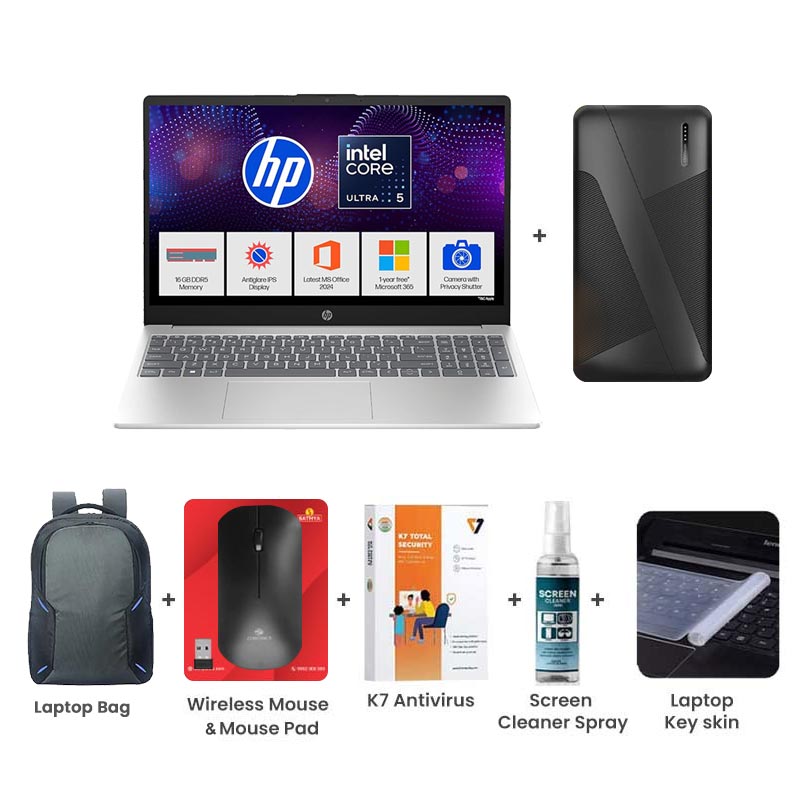 Picture of HP 15 - Intel Core Ultra 5 125H 15.6" (39.6 cm) Thin & Light Laptop  (16GB DDR5/ 512GB SSD/ Full HD Display/ Intel Arc Graphics/ Anti-Glare/ Camera Privacy Shutter/ Backlit keyboard with numeric keypad/ Mic mute key,/ Windows 11 Home/ M365 Basic(1yr)* Office24/ 1 Year Warranty/ Silver/ 1.65kg) Power Bank + Laptop Bag +Mouse & Mouse Pad + K7 Antivirus + Screen Cleaner Spray + Laptop Key Skin
