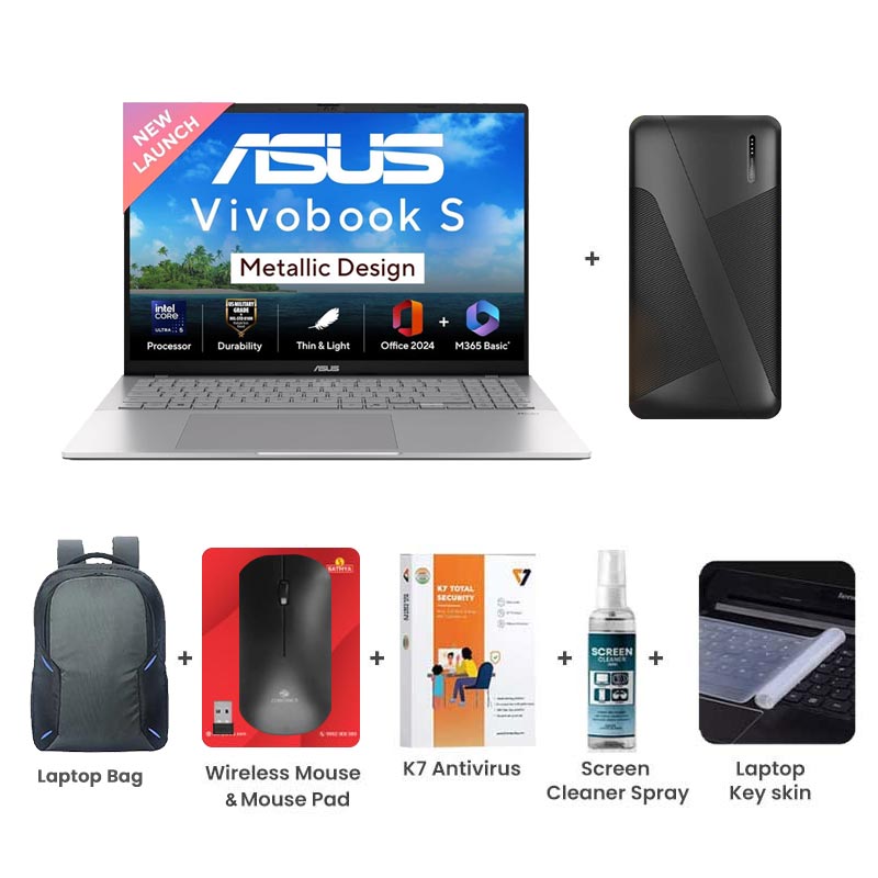 Picture of Asus Vivobook S16 - Intel Core Ultra 5 225H 16" (40.64 cm) S3607CA-RP065WS AI Powered Thin and Light Laptop (16GB/ 512GB SSD/ WUXGA 144Hz Display/ Intel Graphics/ Windows 11 Home/ Office Home 2024/ 1Year Warranty/ Cool Silver/ 1.70kg) with 10000mAh PowerBank + Laptop Bag + Wireless Mouse & Mouse Pad + K7 Antivirus Single User + Screen Cleaner Spray + Laptop Key Skin