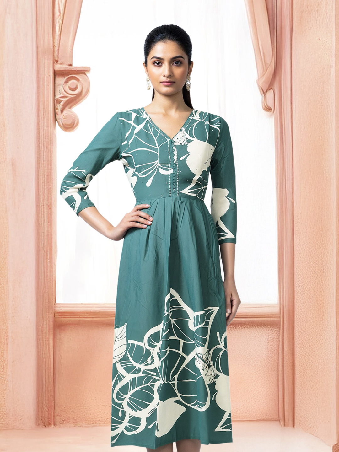 Elegant Leaf-Print Stylish V-Neck Kurti