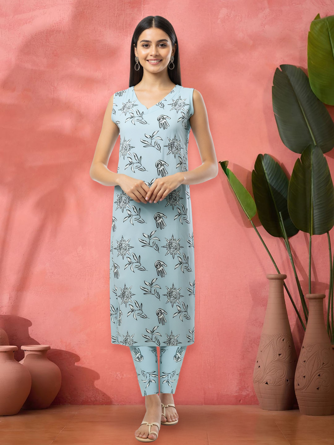 Floral Printed V-Neck Sleeveless Kurta with Pant Co-Ord Set (Includes Hand Material Inside Pack)