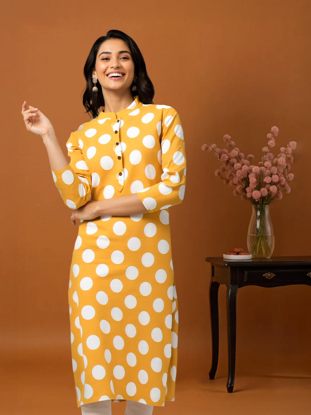 Polka Dot Mandarin Collar Straight Kurta