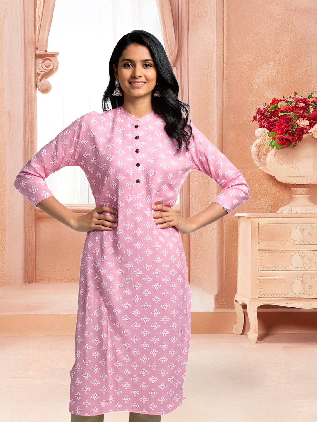 Floral Printed Mandarin Collar Straight Kurta