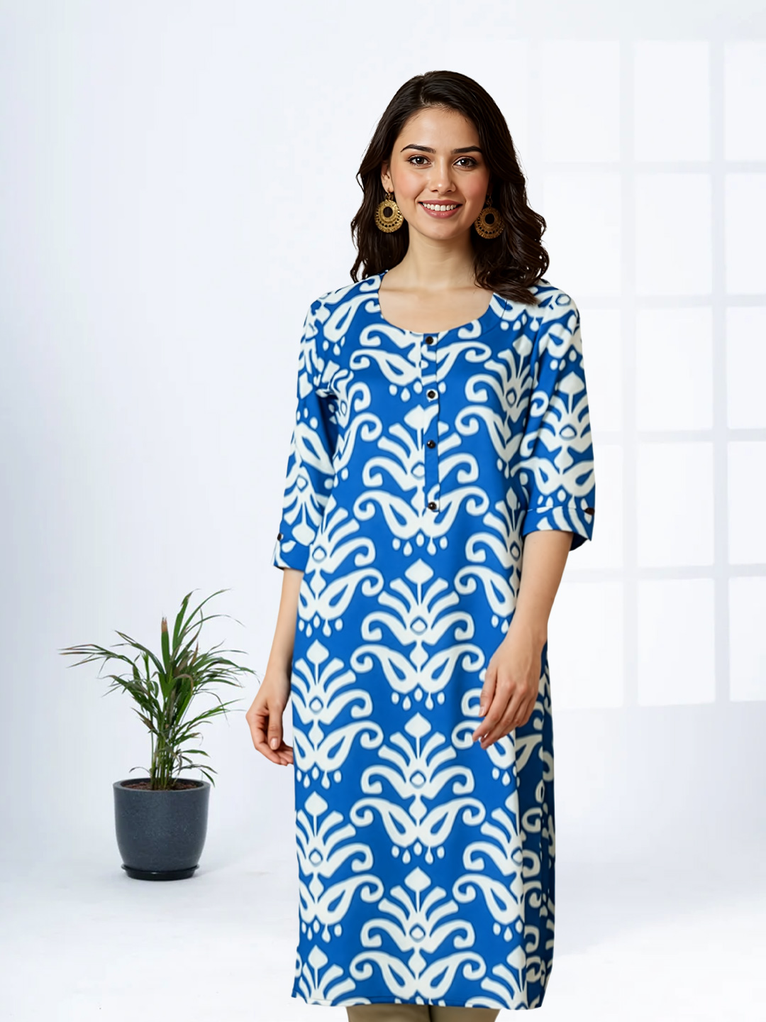 Traditional Print Round Neck Straight Kurta