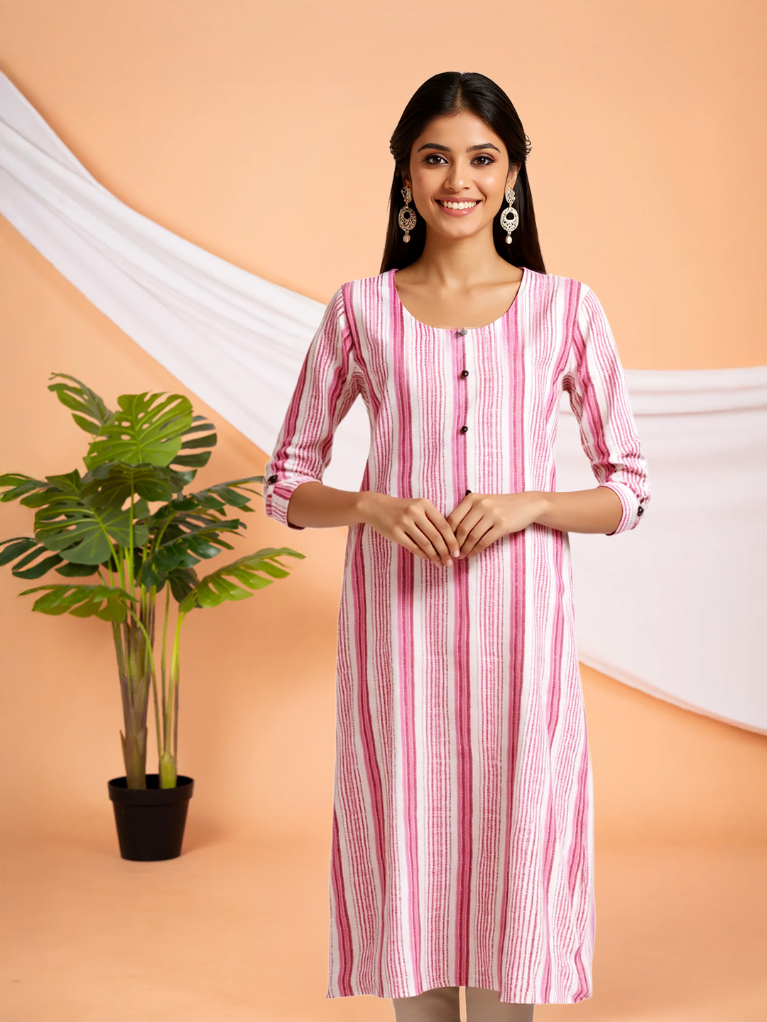 Pink and White Striped Straight Kurta