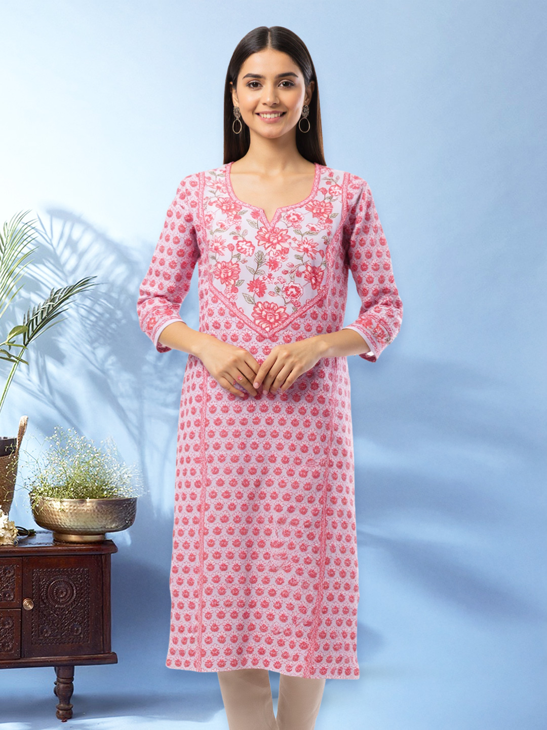 Notched Neckline Floral Printed Straight Kurta