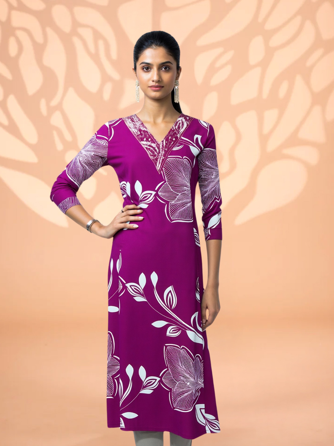 Floral Printed V-Neck Straight-Cut kurta
