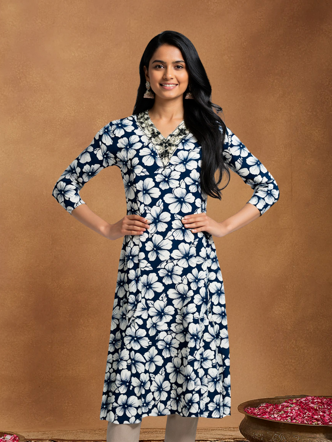 Floral Printed Embroidery V-Neck Kurta