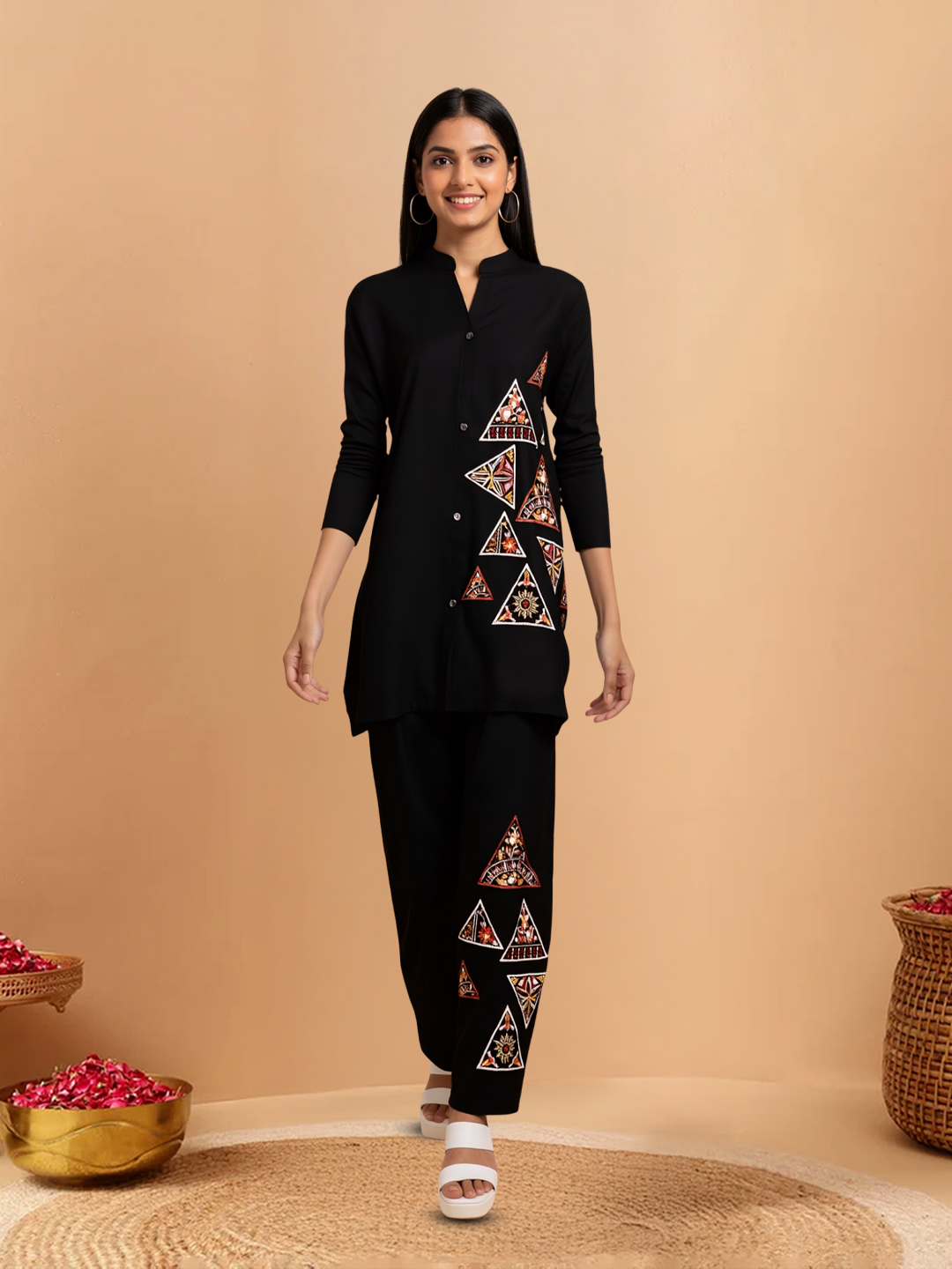 Floral Embroidered  Collar Neck Top with Palazzo Co-Ord Set