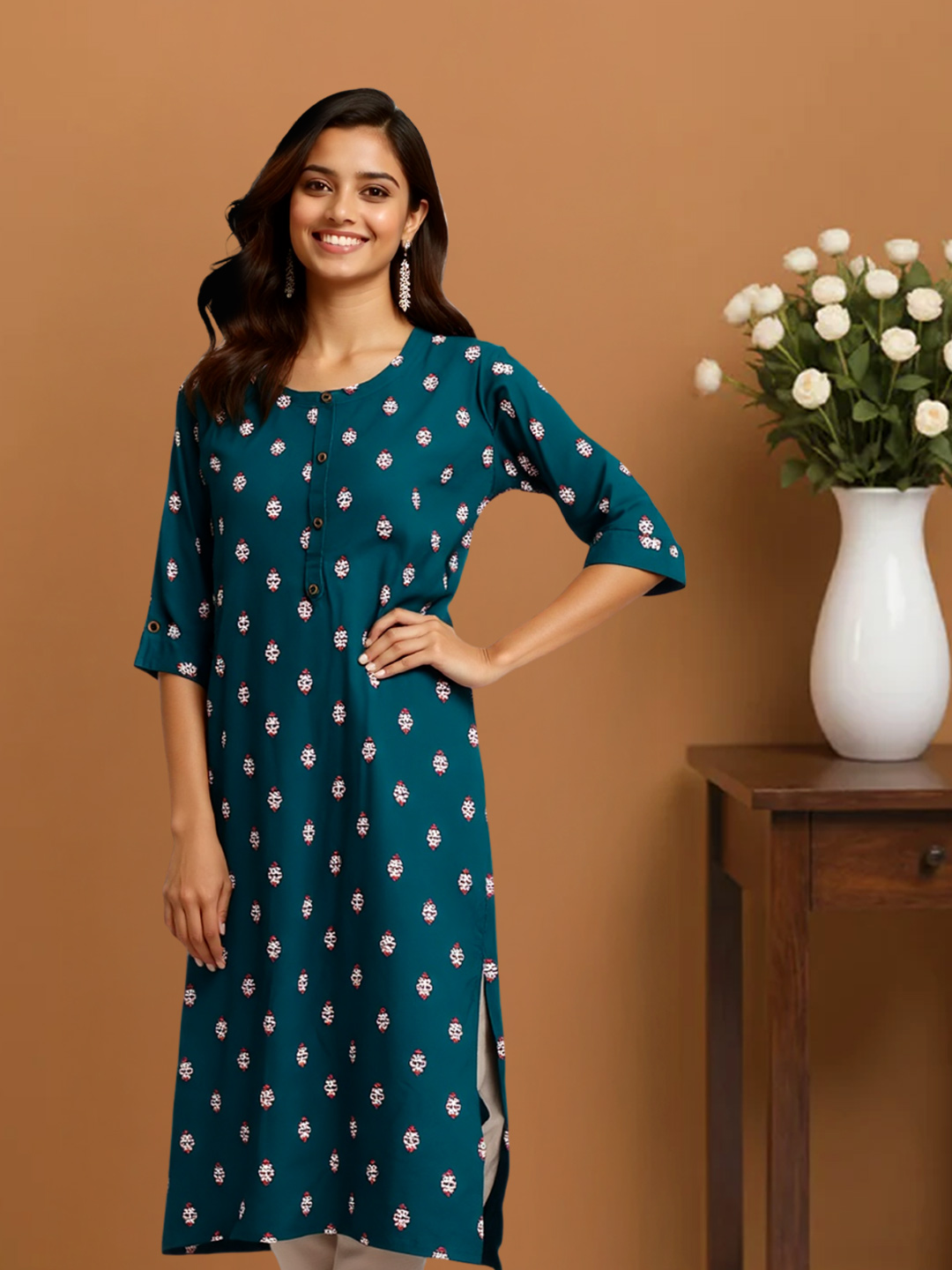 Elegant Teal Floral Printed Kurta