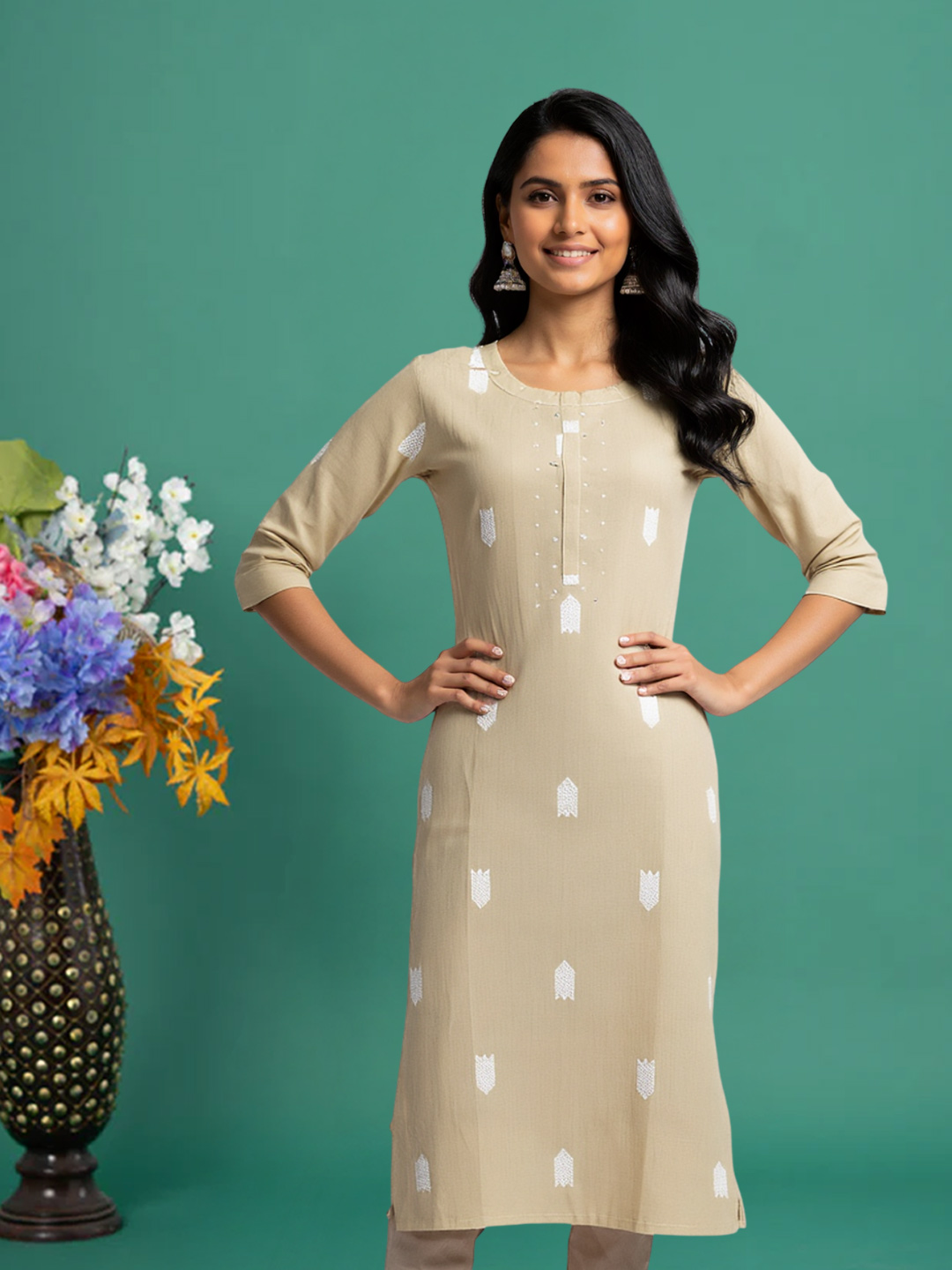 Beige Embroidered Straight-Cut kurta