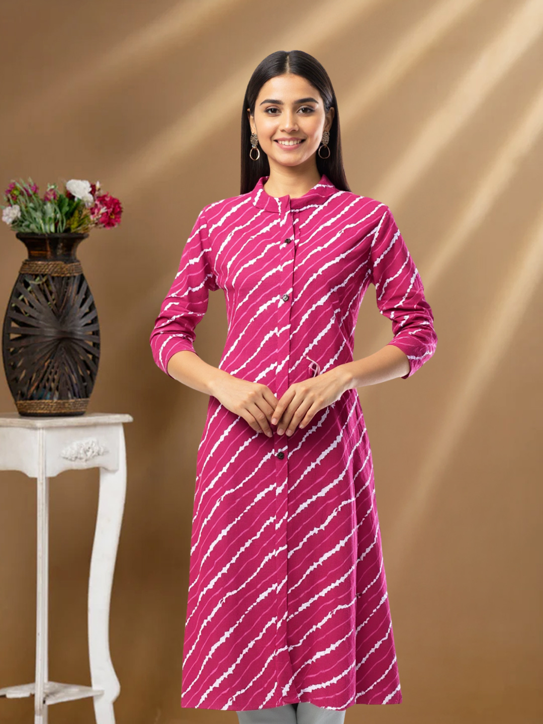 Striped Collar Neckline Straight Kurti