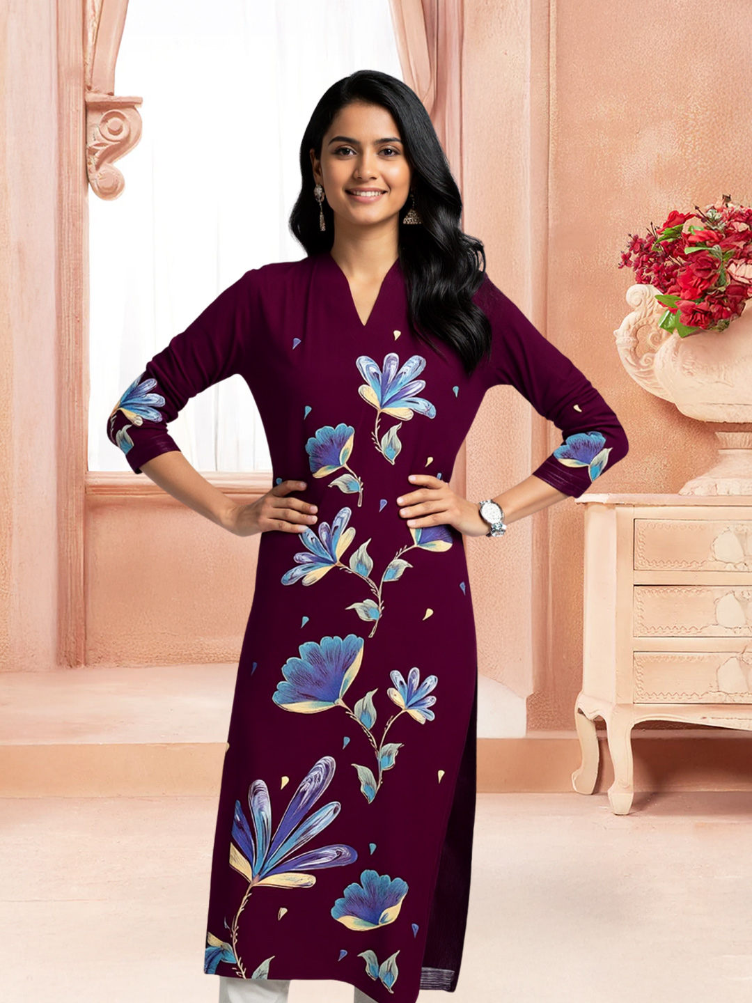 Floral Print Straight Cut Notched Neckline Kurta
