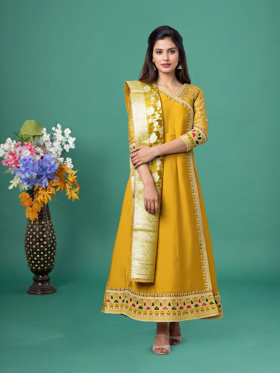 Elegant Graceful Embroidered Stitched Flared Gown with Shawl