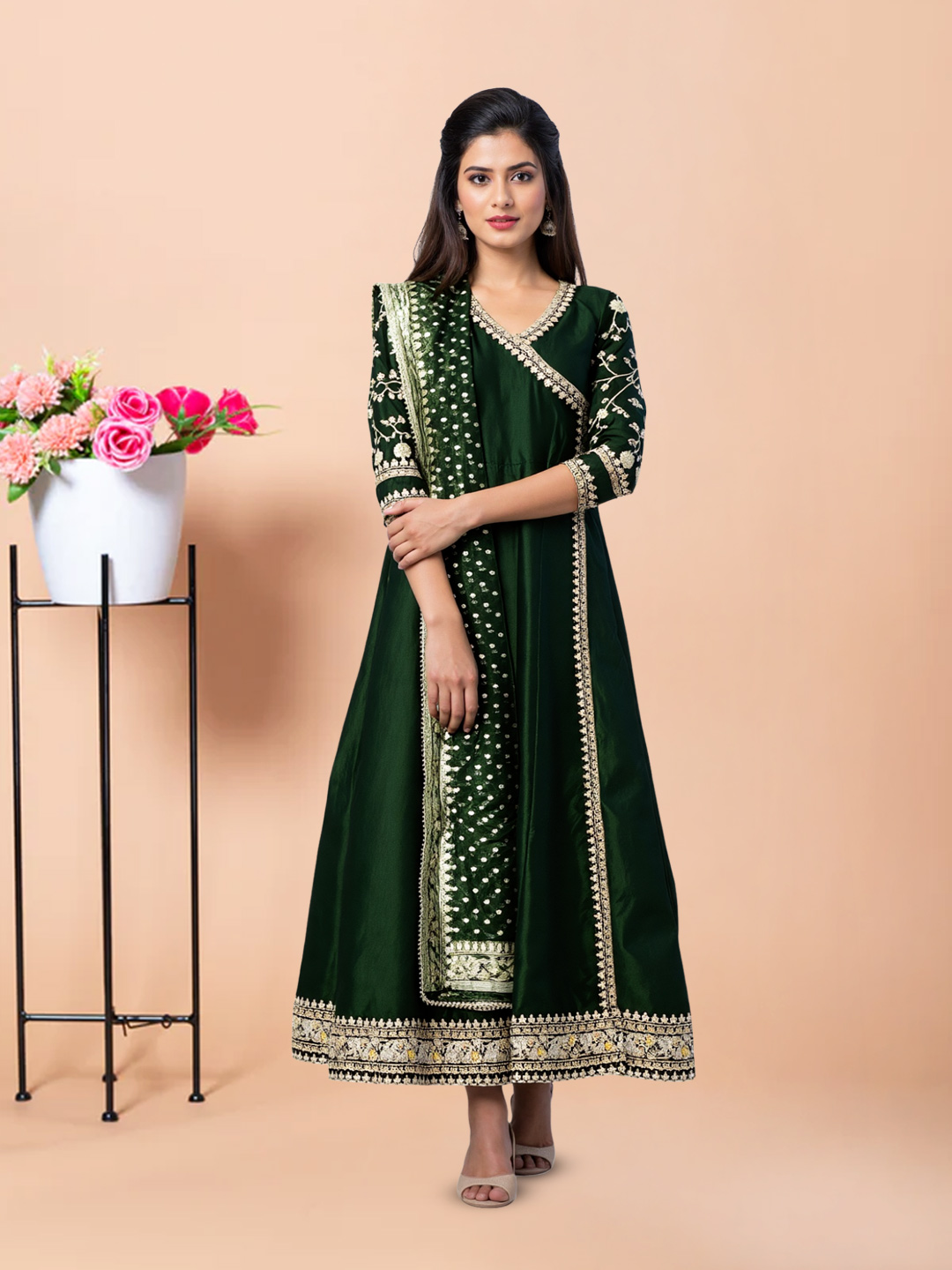 Embroidered Ethnic Gown  with Zari Woven Dupatta