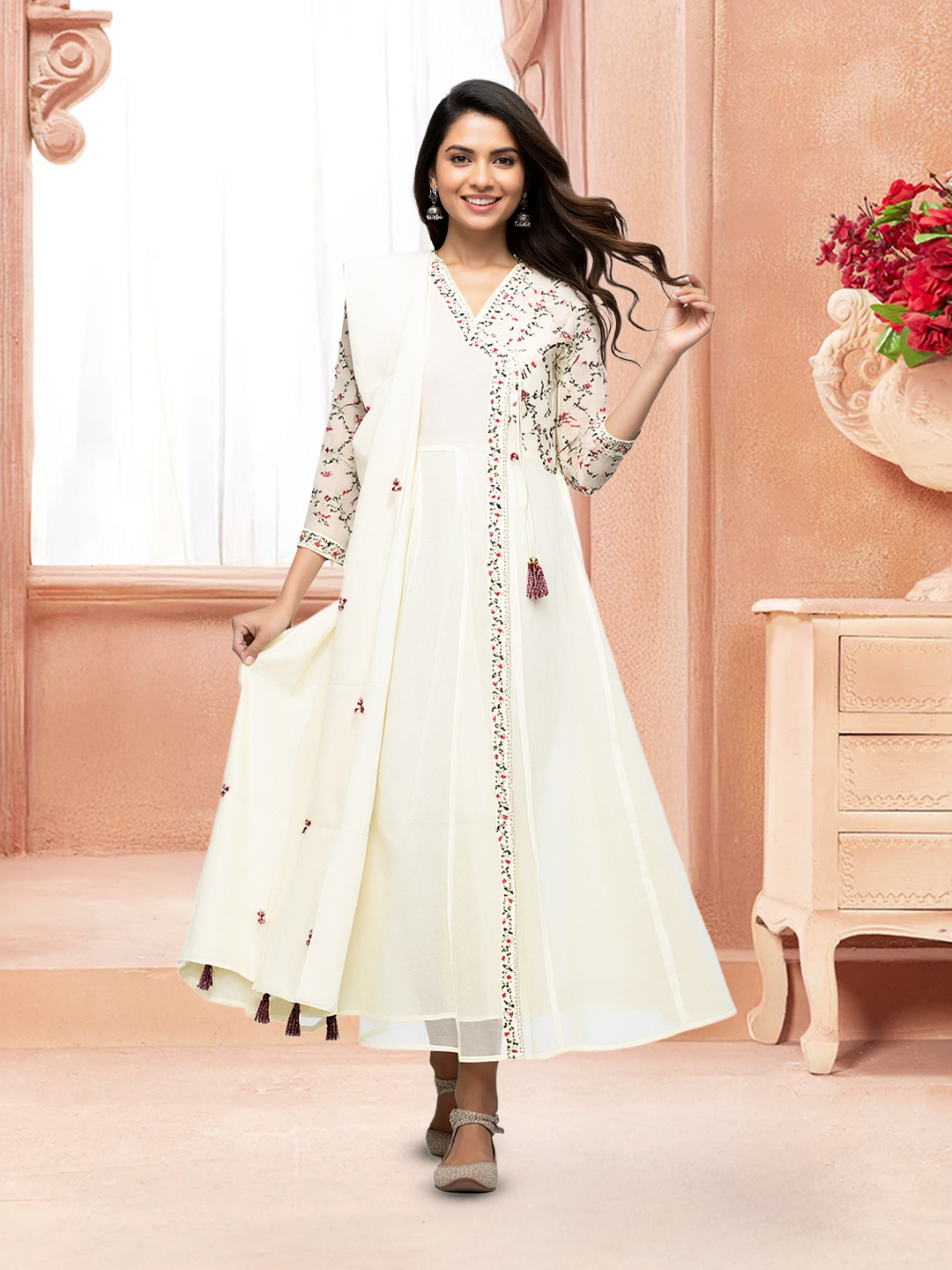 Graceful Embroidered Stitched Flared Gown with Stylish Dupatta