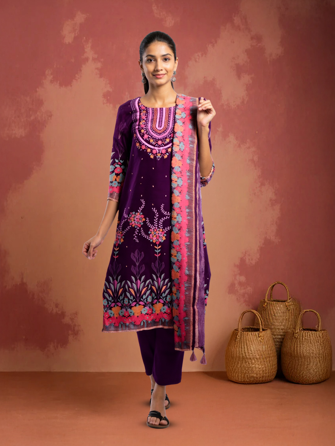 Embroidered  Round Neck Kurta with Pant & Dupatta Set