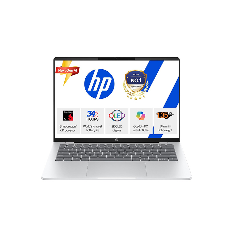 HP OmniBook 5 - Snapdragon X processor 14" (35.56 cm) 14-he0014QU Thin & Light Laptop  (16GB DDR5/ 512GB SSD/  Diagonal 2K OLED display/ Qualcomm Adreno GPU/Backlit Keyboard/ Camera Privacy Shutter/ Mic mute key/Windows 11 Home/ MS Office 2024/ M365 Basic(1yr) 1Year Warranty/ Glacier Silver/ 1.35 Kg) with bOAt Smartwatch + Laptop Bag Wireless Mouse + Mouse Pad + K7 Antivirus Single User