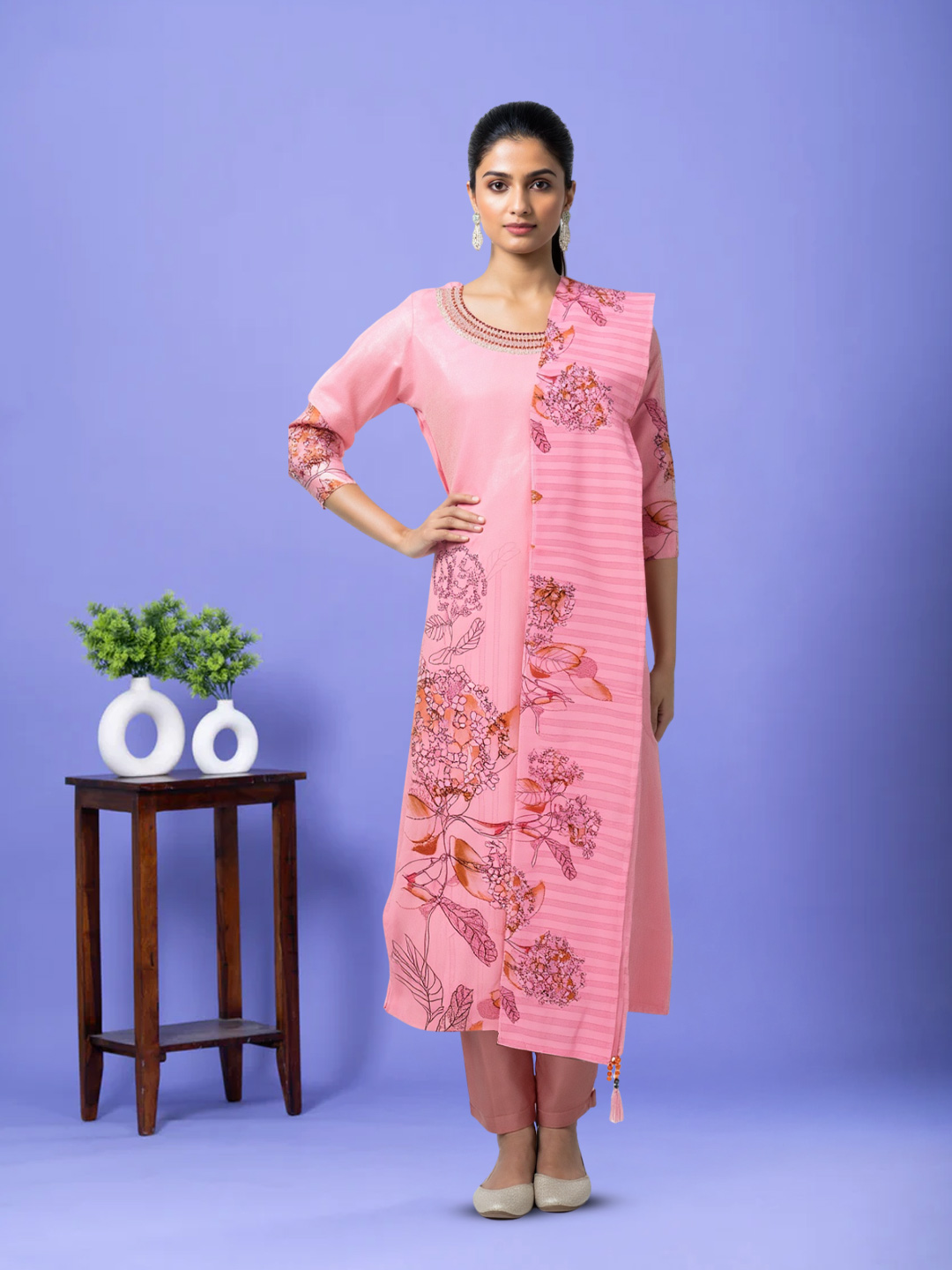 Graceful Embroidered Round Neck Straight Cut V-Neck Salwar Suit Set