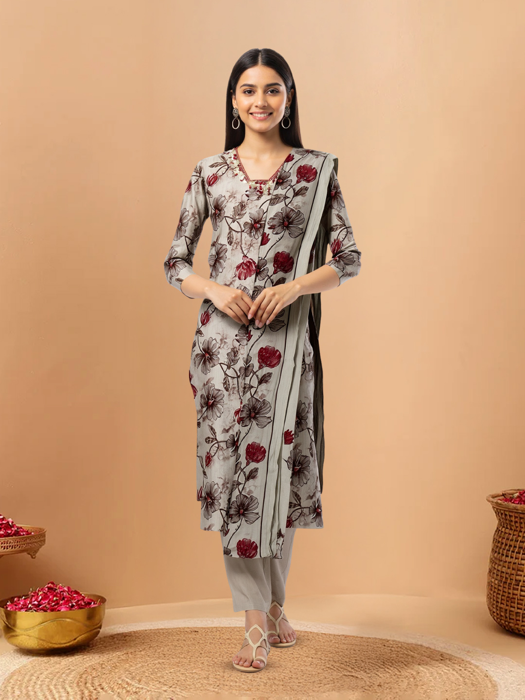Embellished Embroidery V-Neck Kurta with Pant & Dupatta Set