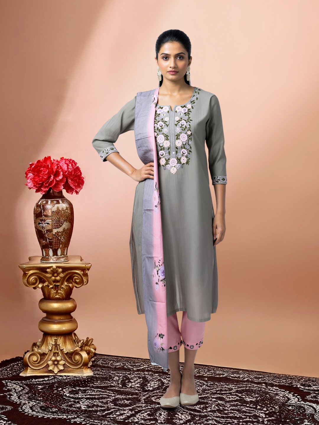 Floral Embroidery Notched Neck Straight-Cut kurta with Pant & Dupatta Set