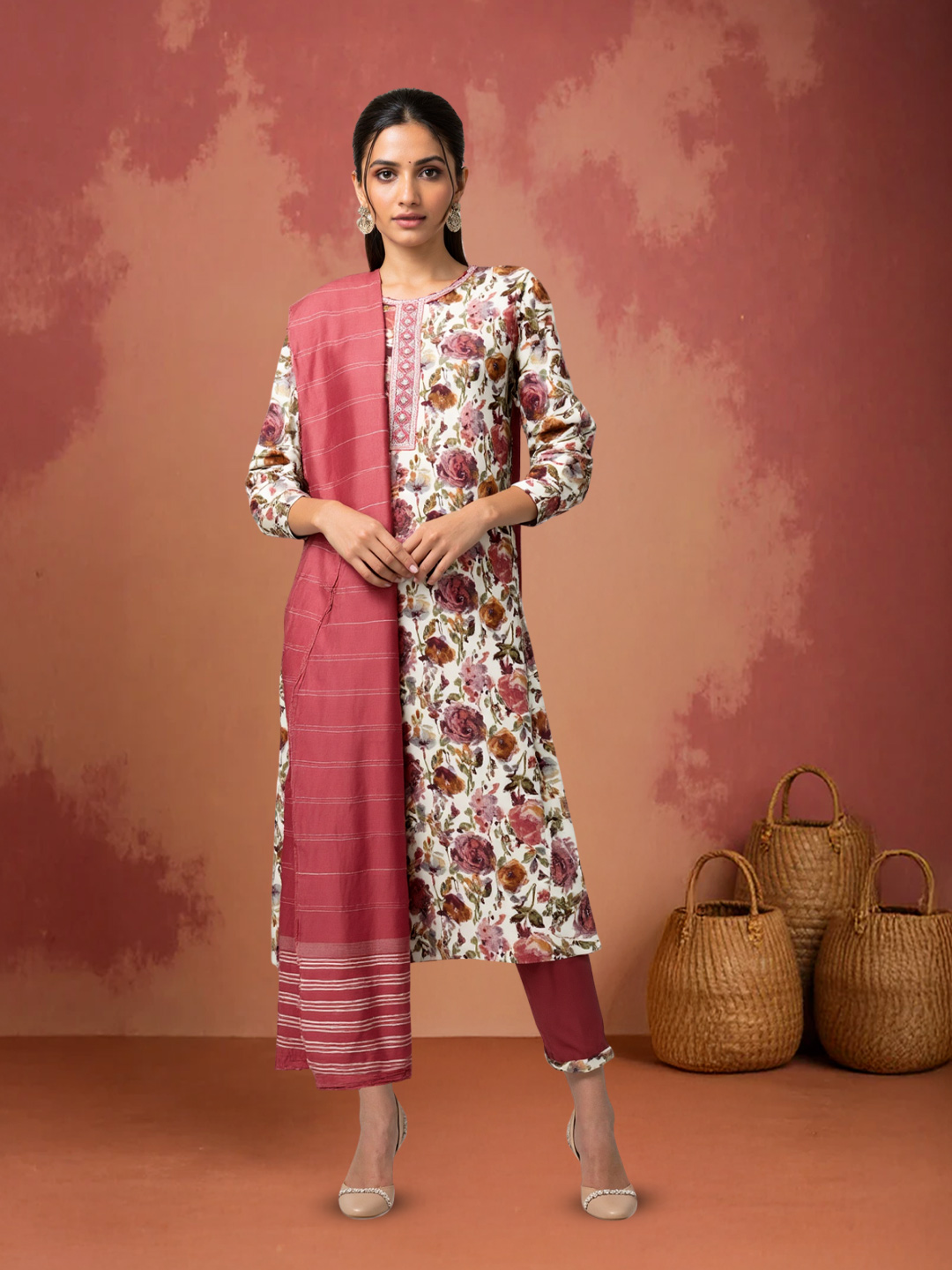Exquisite Floral Printed Embroidered Neckline Salwar Suit Set