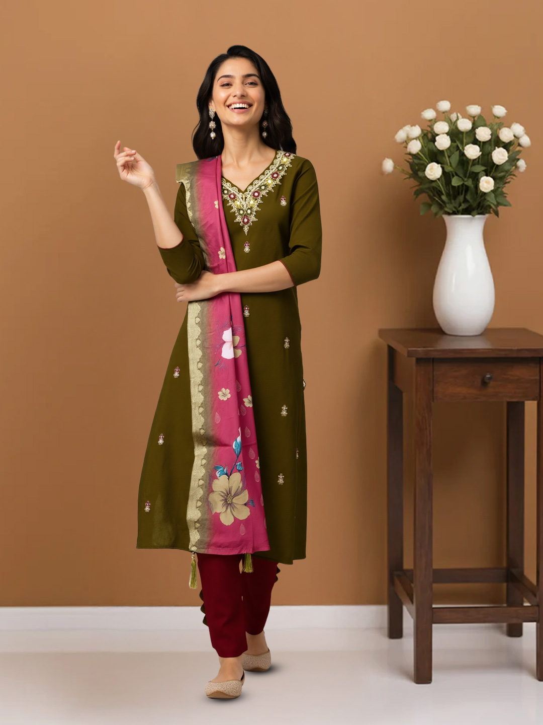 Elegance Floral Embroidered Traditional Kurta with Pant & Dupatta Set