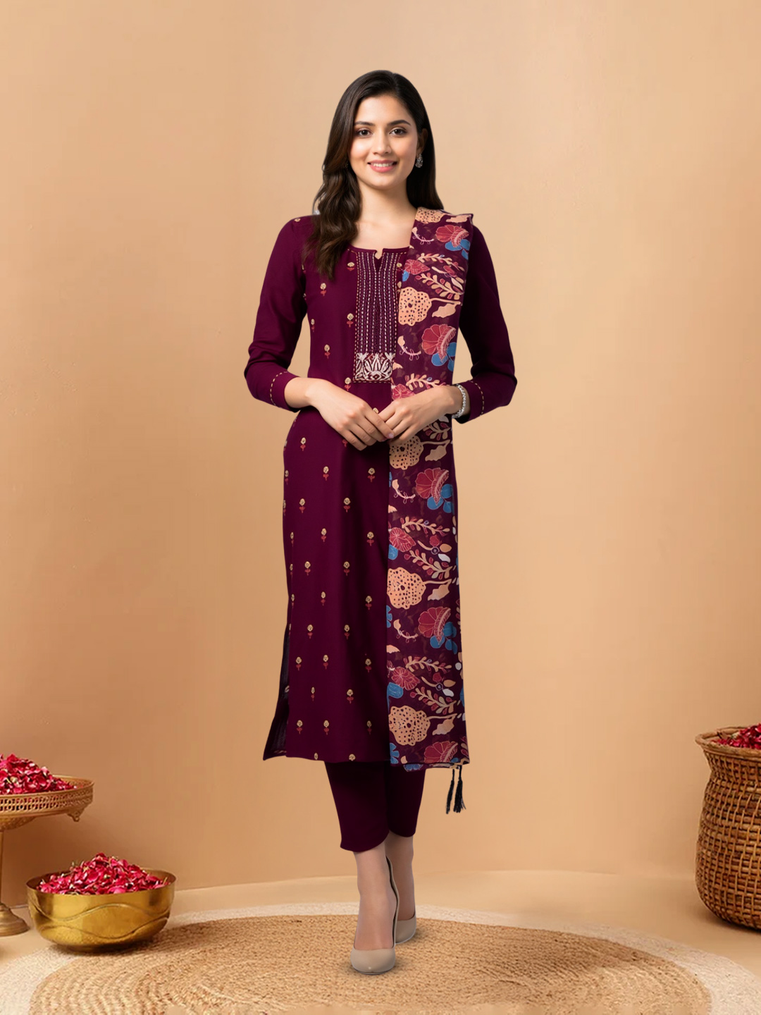 Floral Embroidered  Straight-Cut Kurta with Pant & Dupatta Set