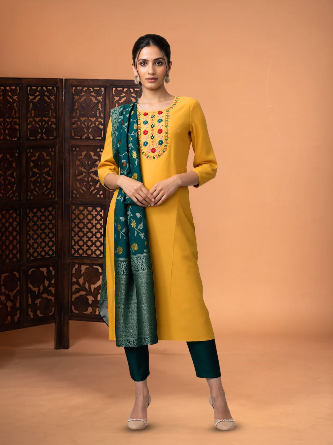 Floral Embroidery Traditional kurta with Pant Dupatta Set
