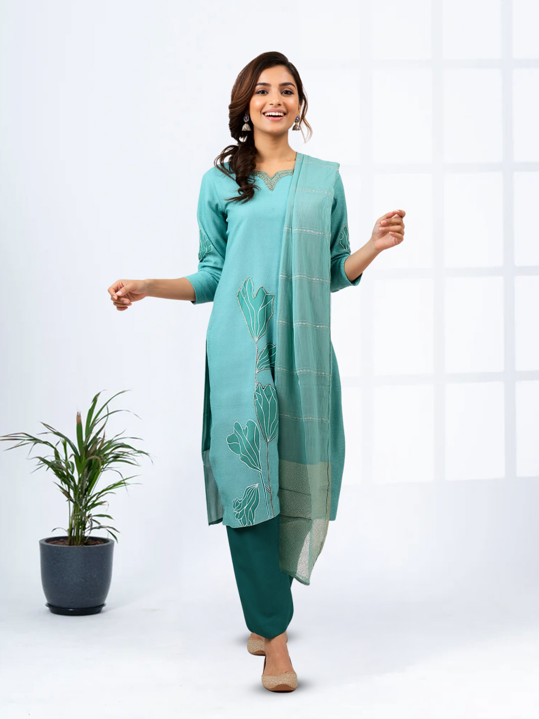 Golden Embroidery Notched Neck kurta with Pant &  Dupatta Set