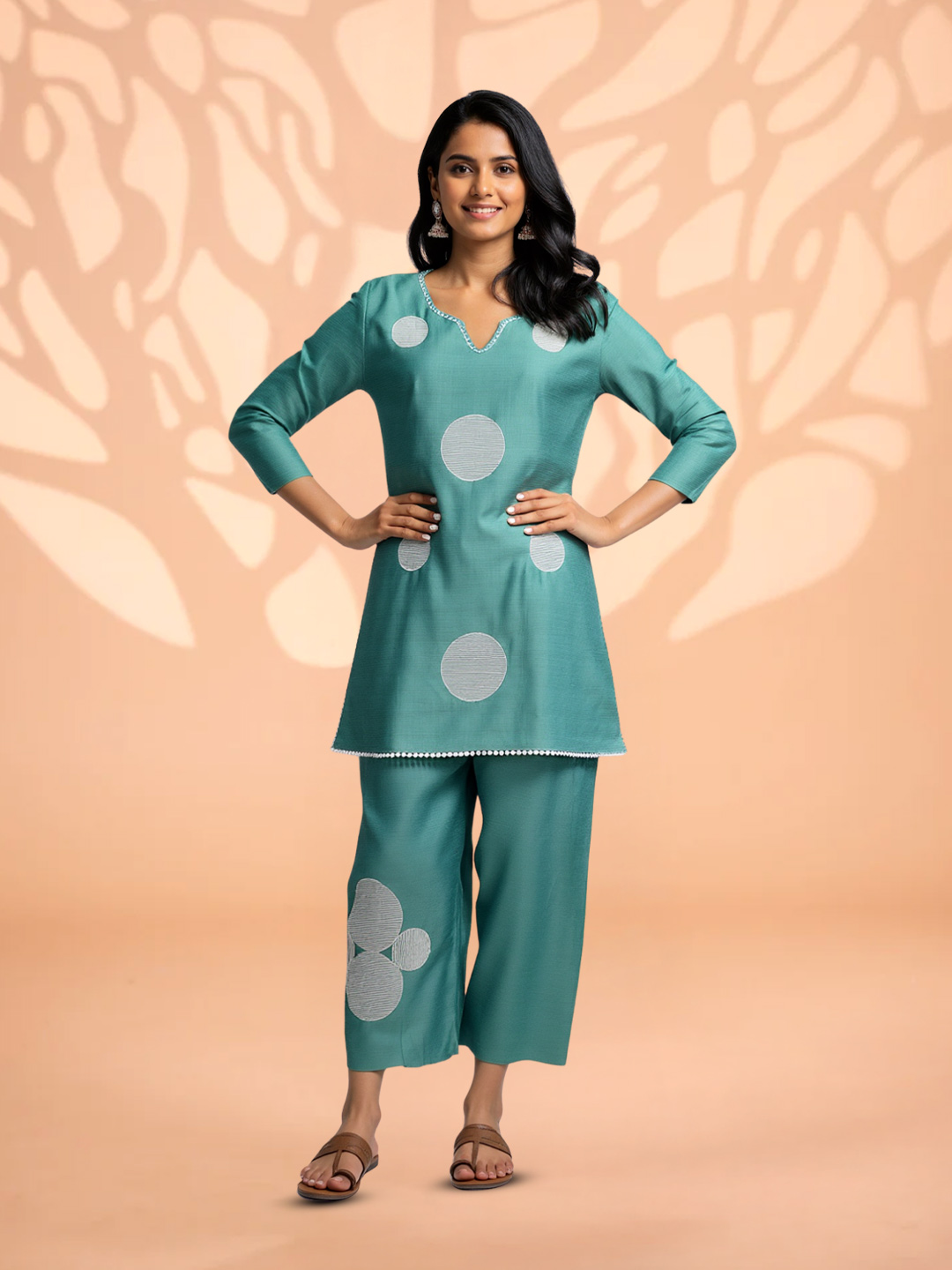 Ethnic  Notched Neck Top with Palazzo Co-Ord Set