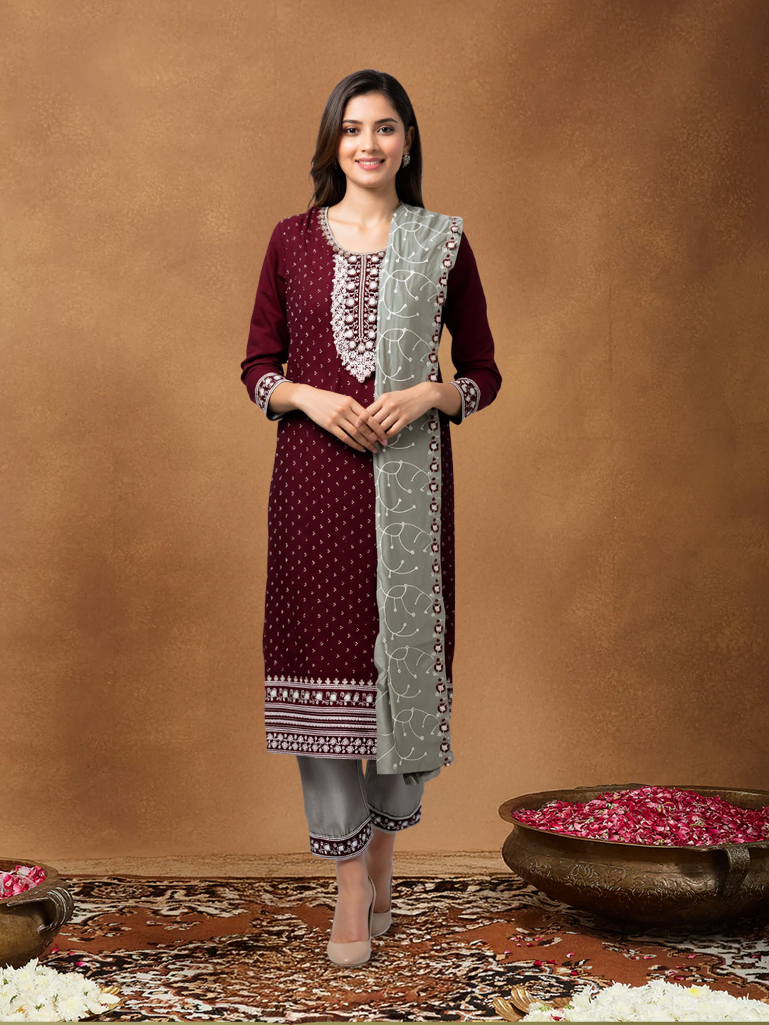 Ethnic Embroidered Straight-Cut Kurta with Pant & Dupatta Set
